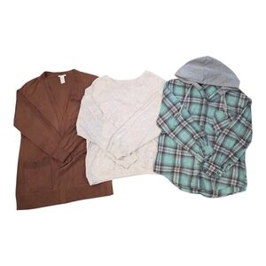 Spring, LongSleeve Chocolate Brown Cardigan, Teal/pink Flannel, Cream Sweater XL